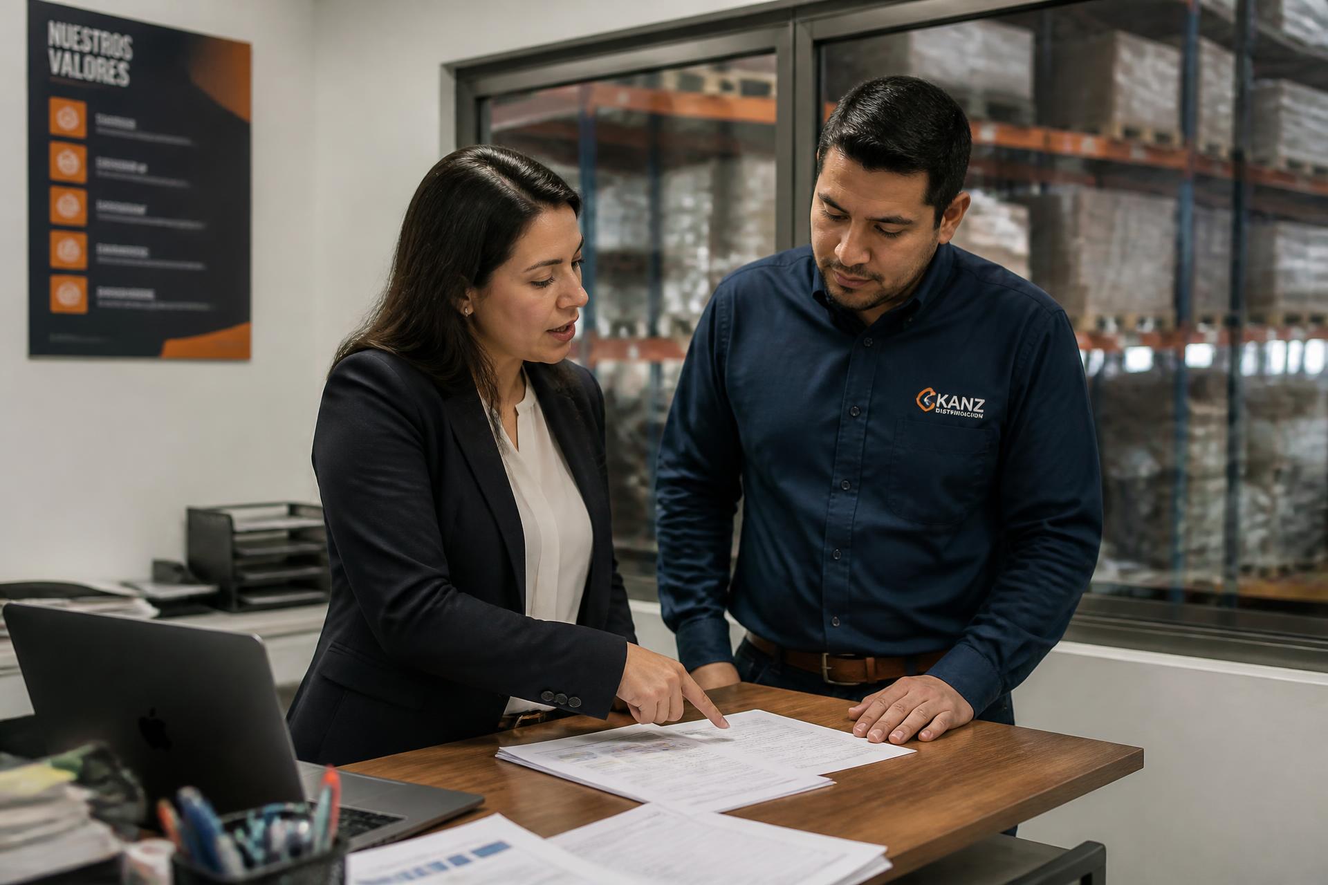 Gerenta y jefe de operaciones revisando un informe impreso en la oficina de una distribuidora